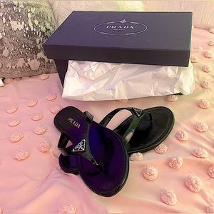PRADA sandal thongs leather shoes size 7 US W 37.5 EU black box & card included